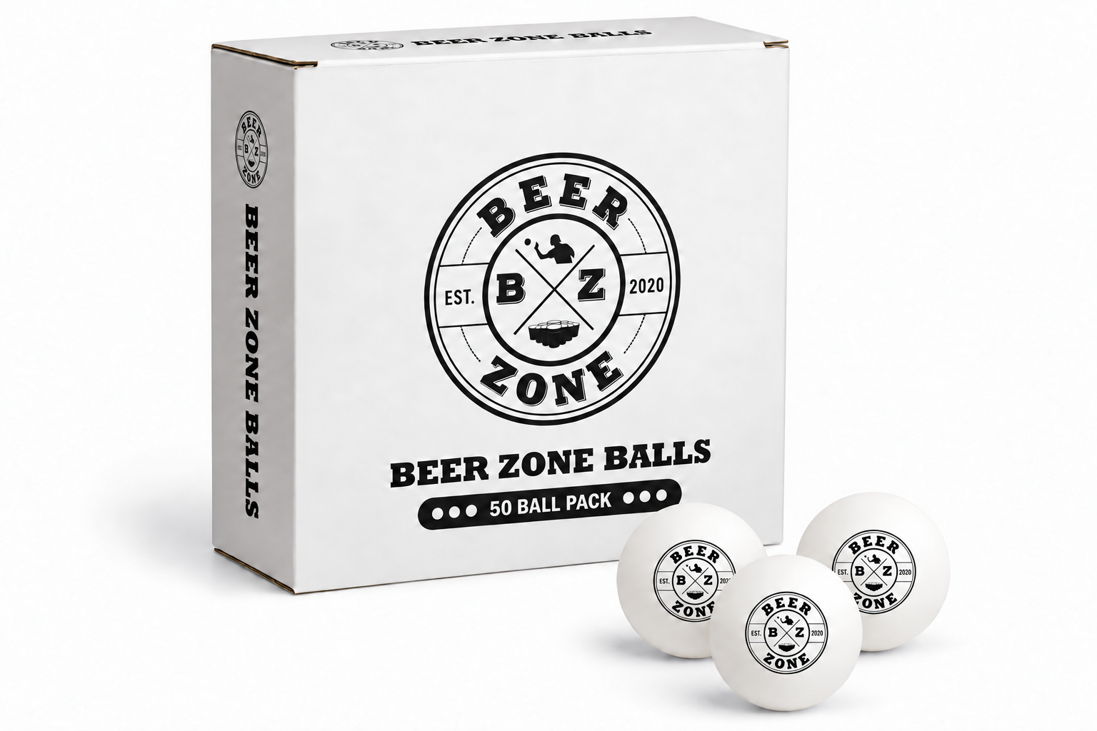 White Beer Zone balls and matching black-and-white packaging with EST. 2020 badge
