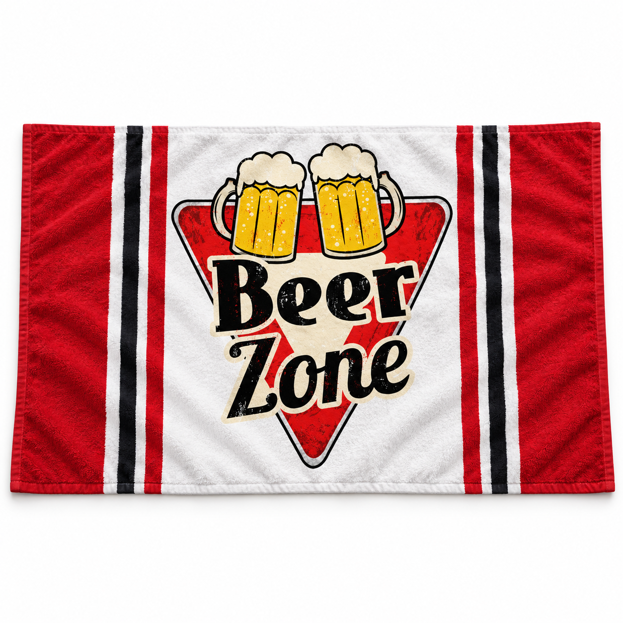 Red and cream Beer Zone beach towel with black stripes and a large central triangular logo