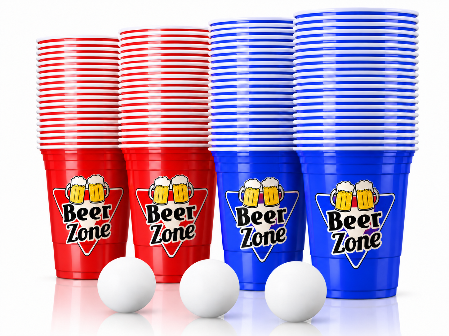 Beer Zone beer-pong set with red and blue branded cups and three white balls