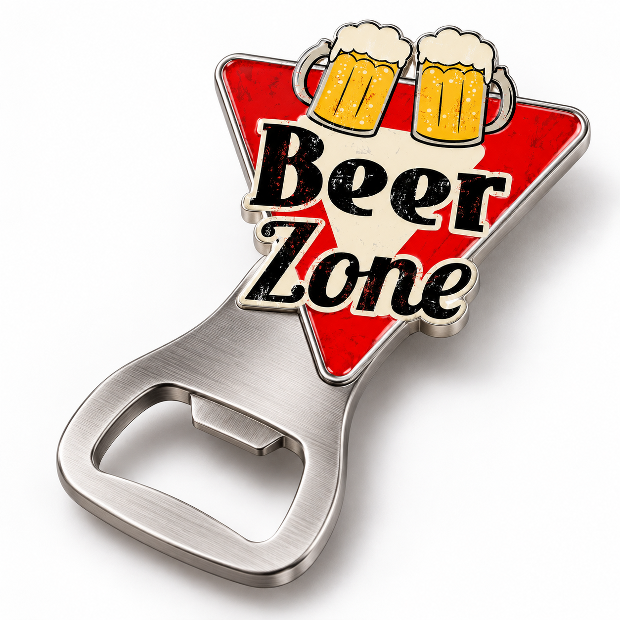 Metal Beer Zone bottle opener with the red triangular logo