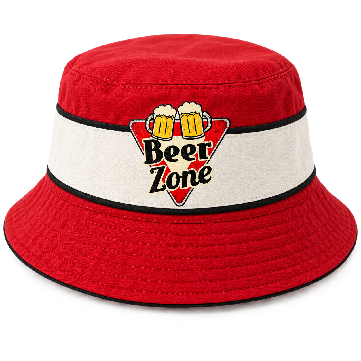 Red and cream Beer Zone bucket hat with front logo