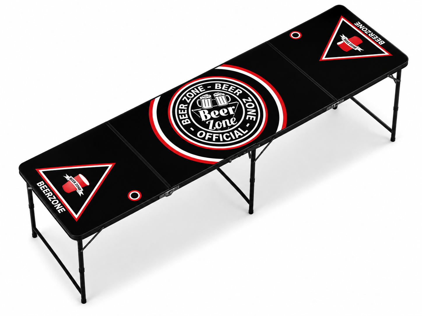 Foldable black Beer Zone beer-pong table with red and white details and a monochrome official badge