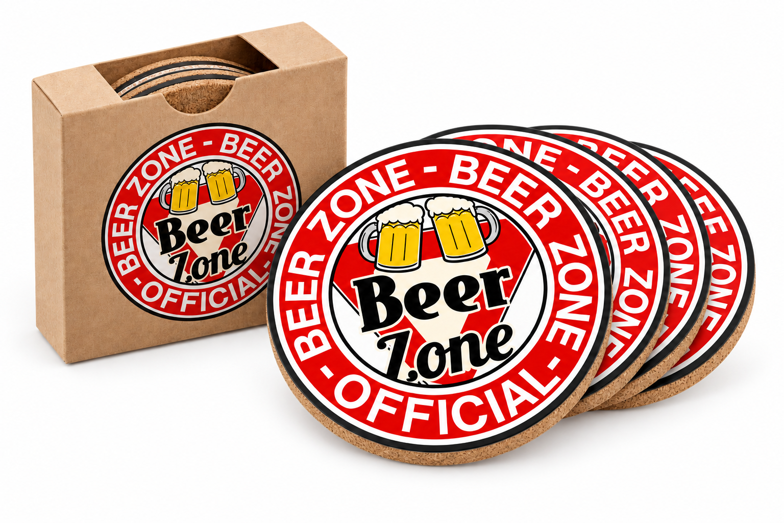 Set of four round Beer Zone cork-backed drink coasters with branded sleeve
