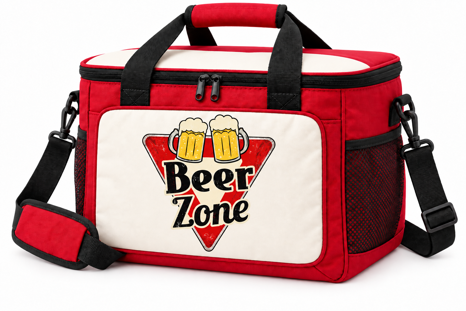 Red and cream Beer Zone insulated cooler bag with shoulder strap and triangular Beer Zone sign