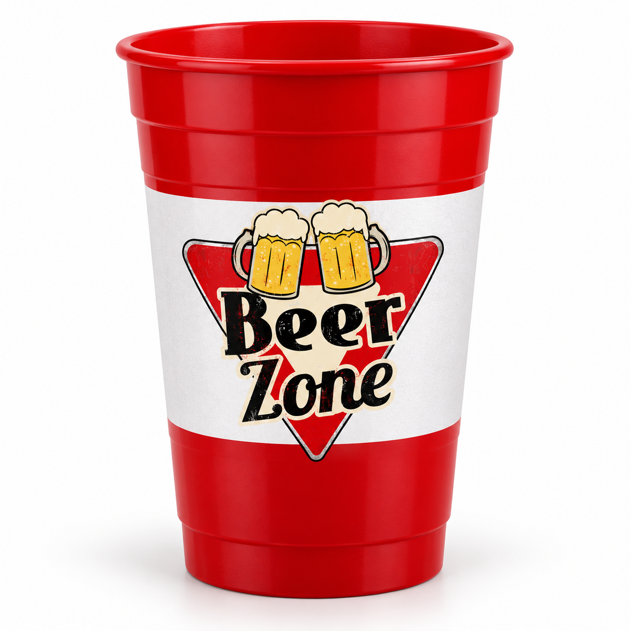 Red Beer Zone cup with a cream band and the triangular Beer Zone logo