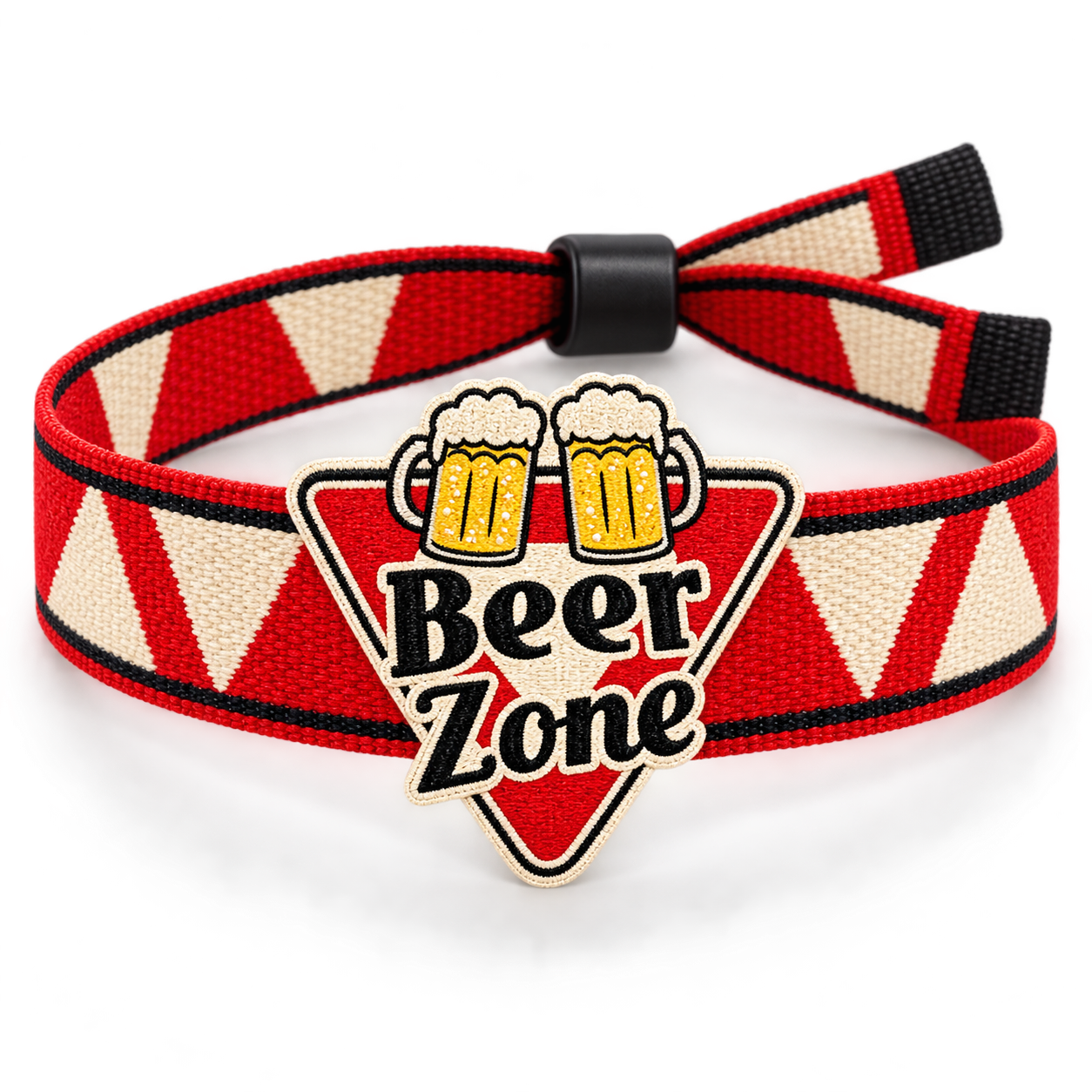 Red and cream woven Beer Zone festival wristband with adjustable black closure