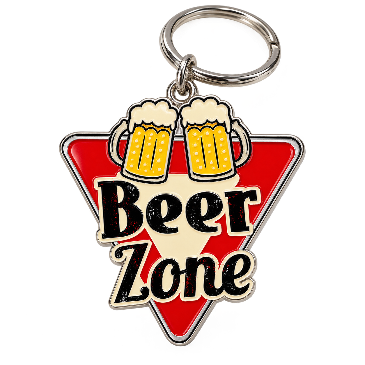 Concept of a metal Beer Zone keychain shaped like the red triangular sign with two beer mugs