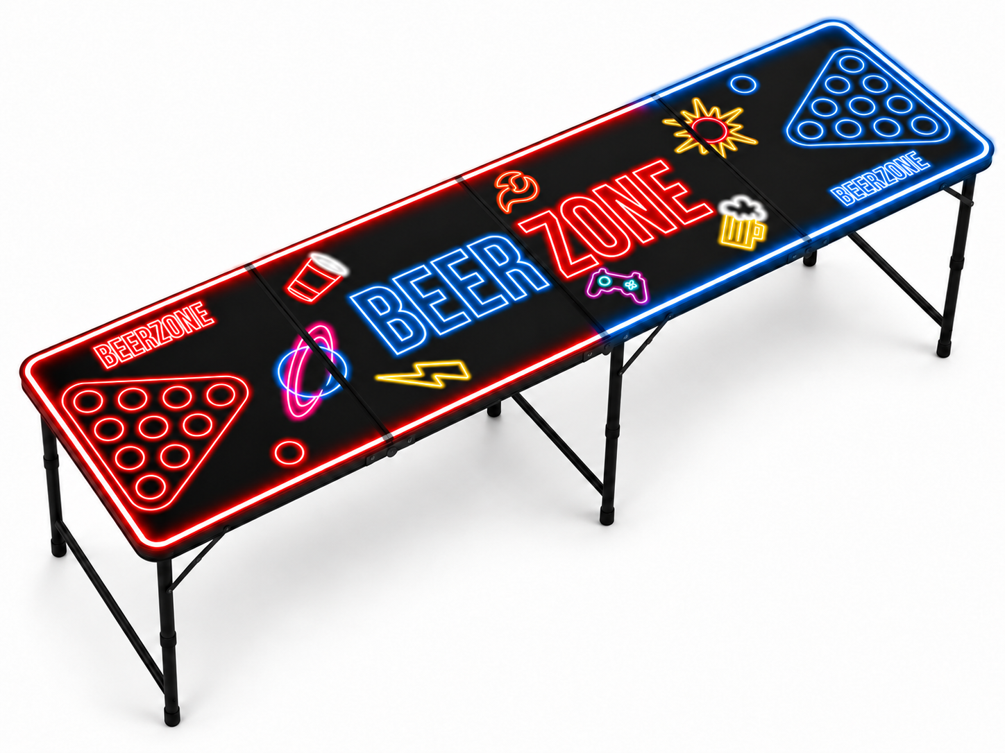 Foldable Beer Zone beer-pong table with red and blue neon design