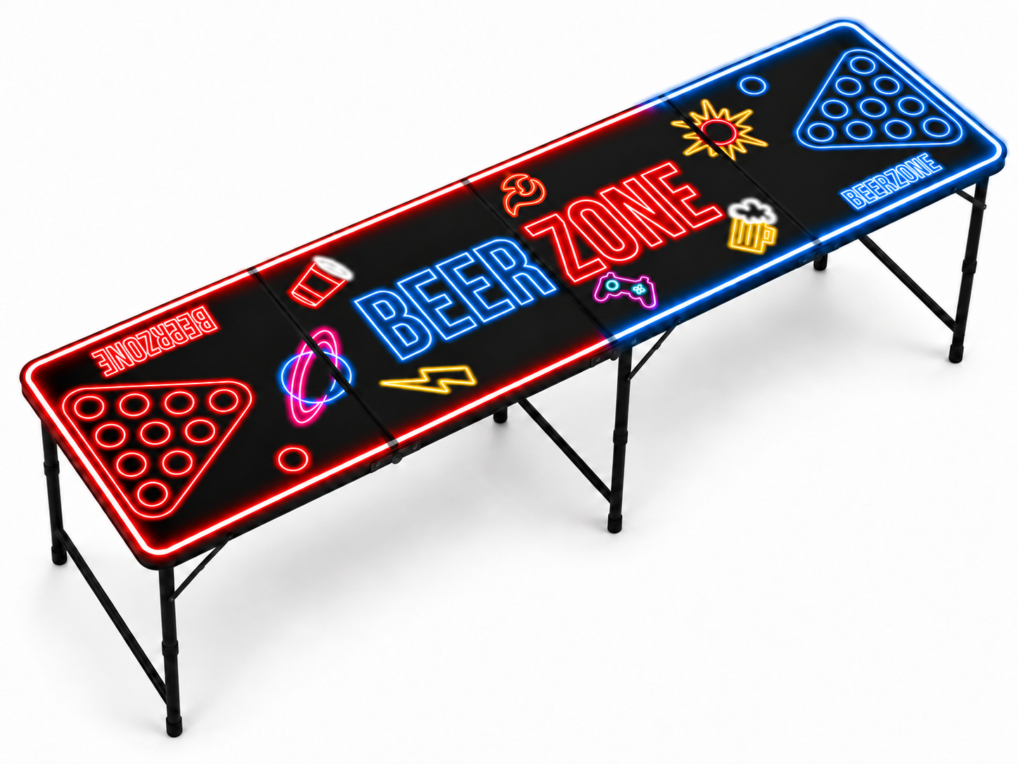 Foldable Beer Zone beer-pong table with red and blue neon design