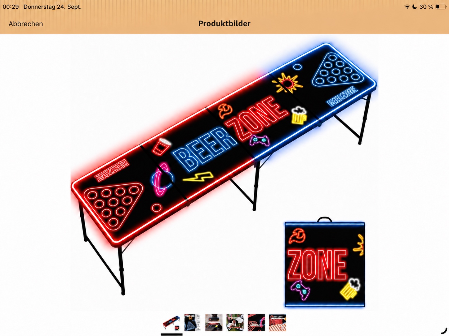 Foldable Beer Zone beer-pong table with red and blue neon design
