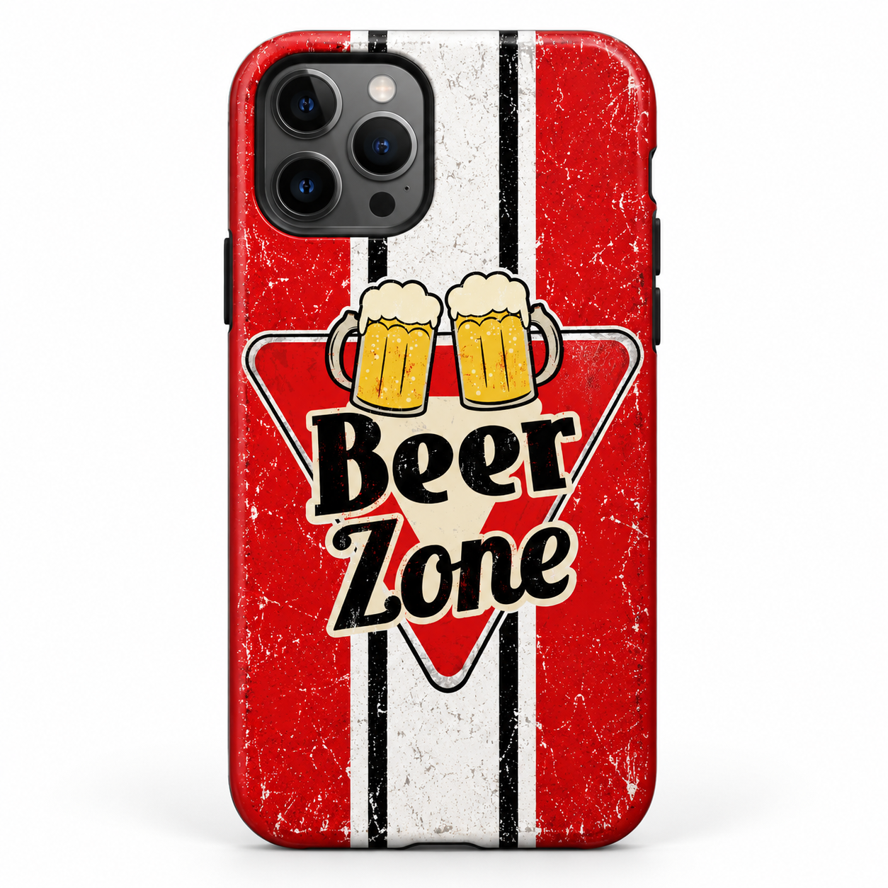 Red, cream and black striped Beer Zone phone case with triangular logo