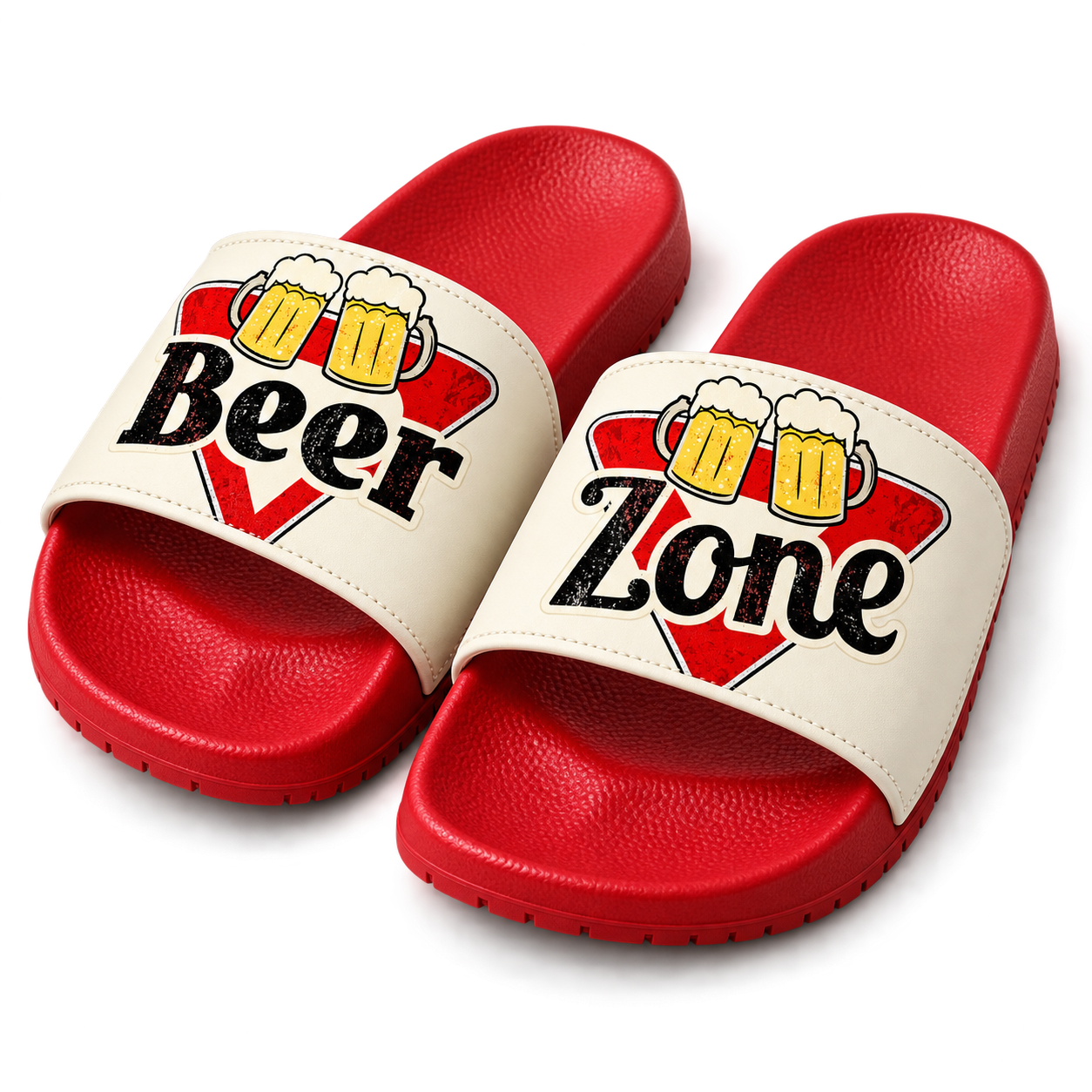 Red and cream Beer Zone slides with the logo split across both straps
