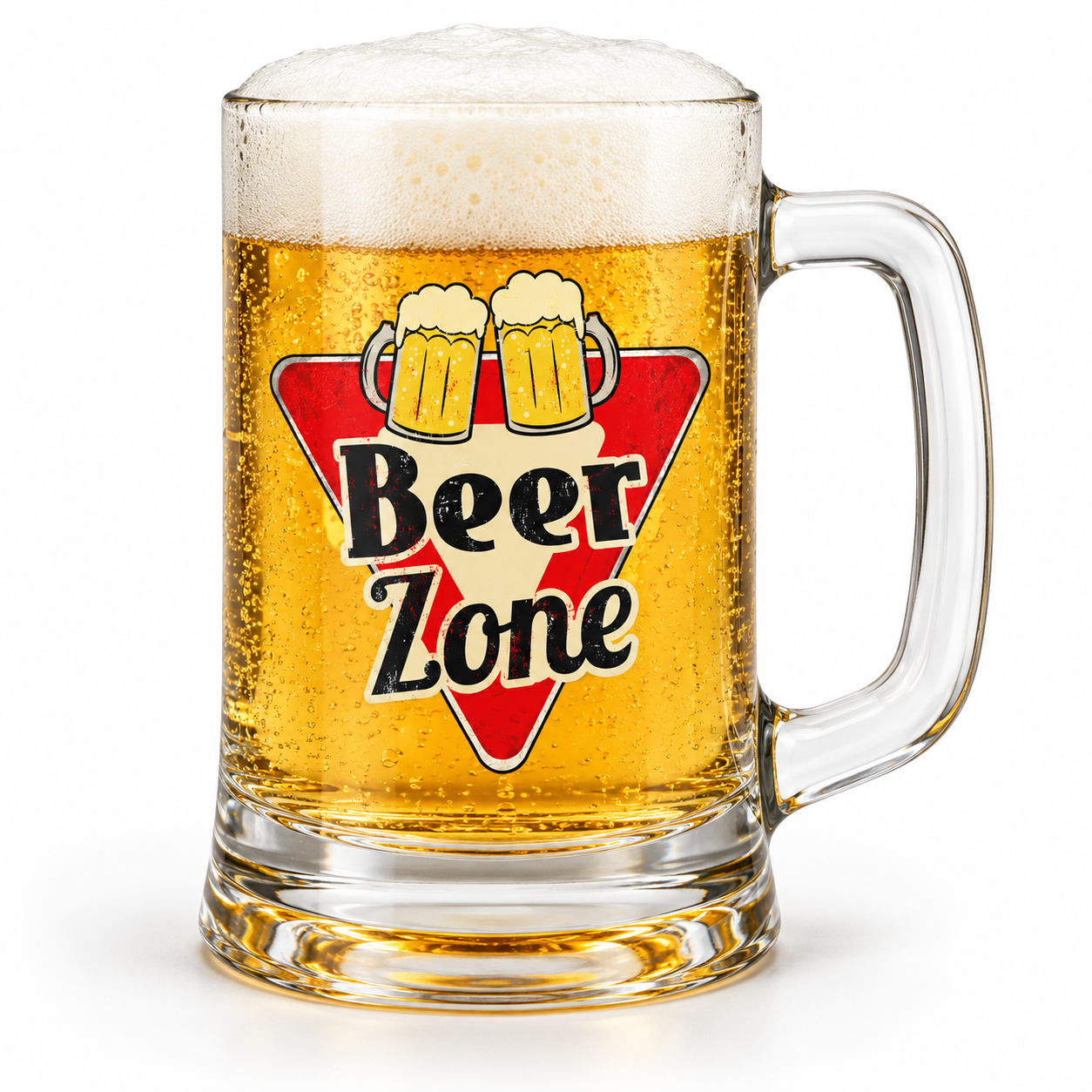 Clear glass Beer Zone beer stein with handle and triangular logo