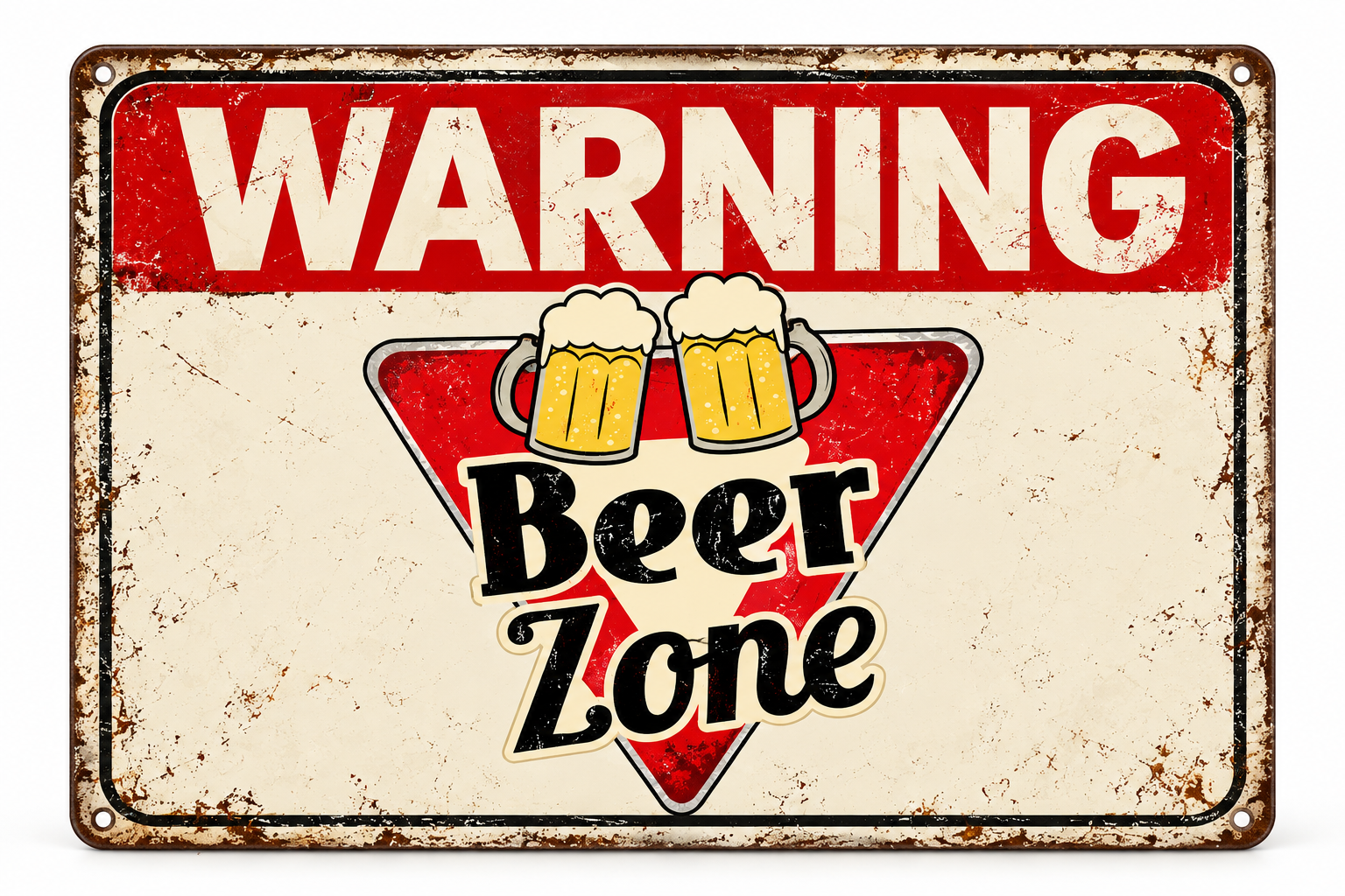 Vintage red and cream Warning Beer Zone metal sign with triangular Beer Zone logo