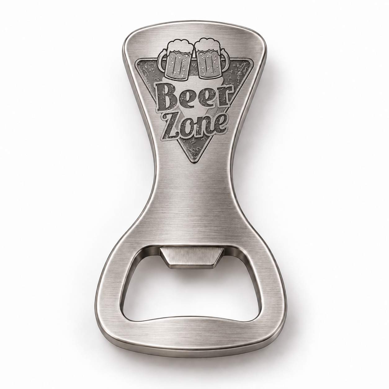Brushed metal Beer Zone bottle opener with a grey engraved triangular logo