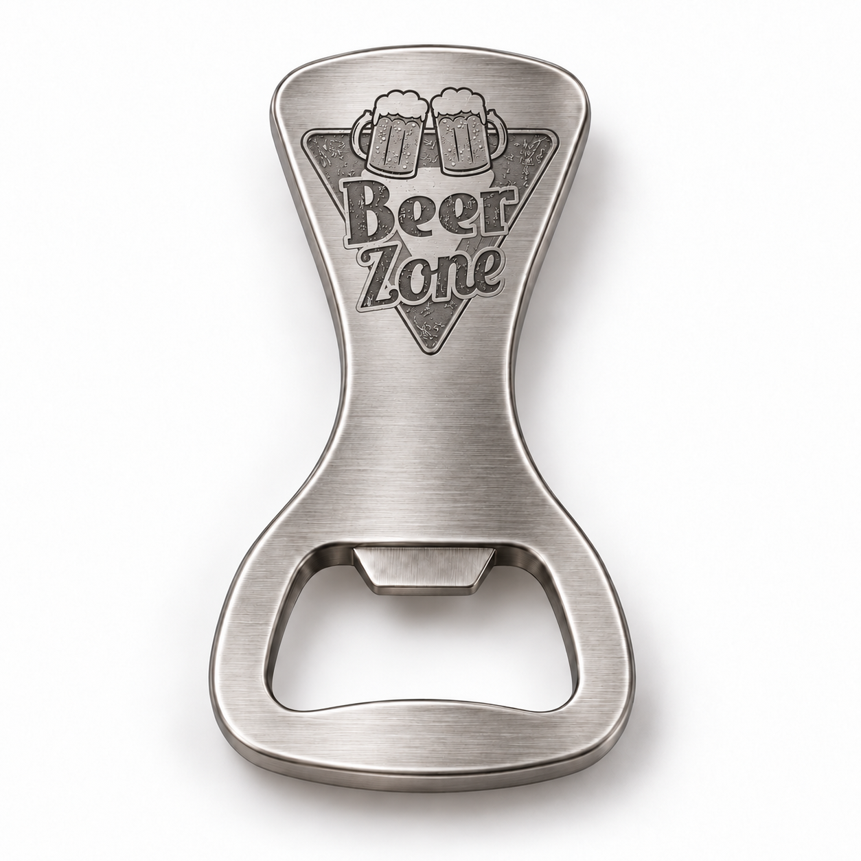 Brushed metal Beer Zone bottle opener with a grey engraved triangular logo