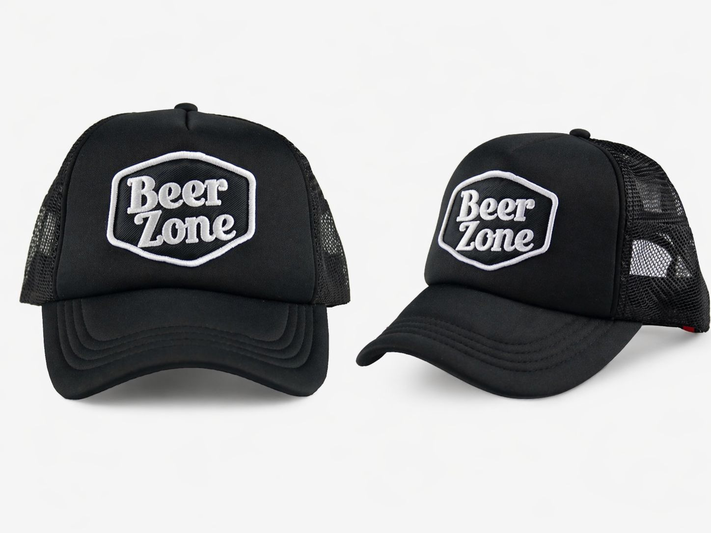 Black Beer Zone trucker cap shown in two views