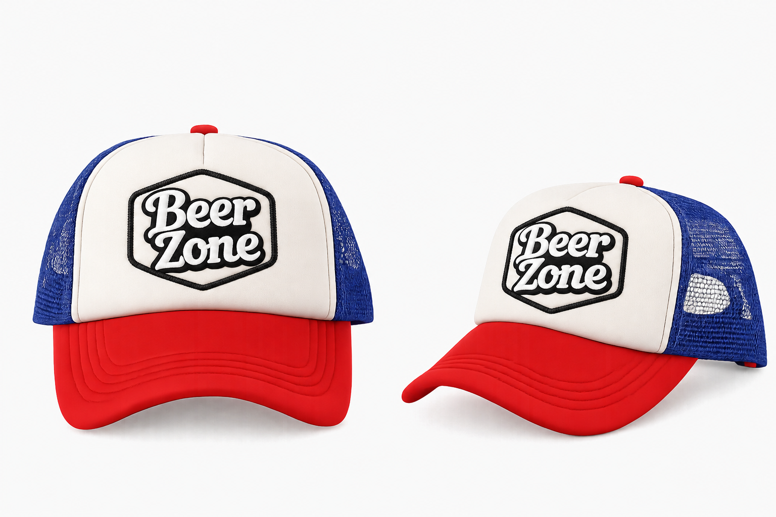 Red, white and blue Beer Zone trucker cap with bordered embroidered patches shown in two views
