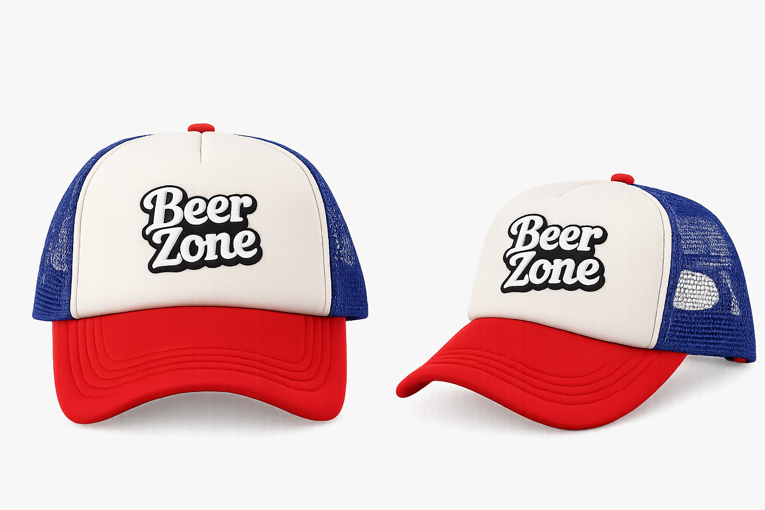 Red, white and blue Beer Zone trucker cap shown in two views