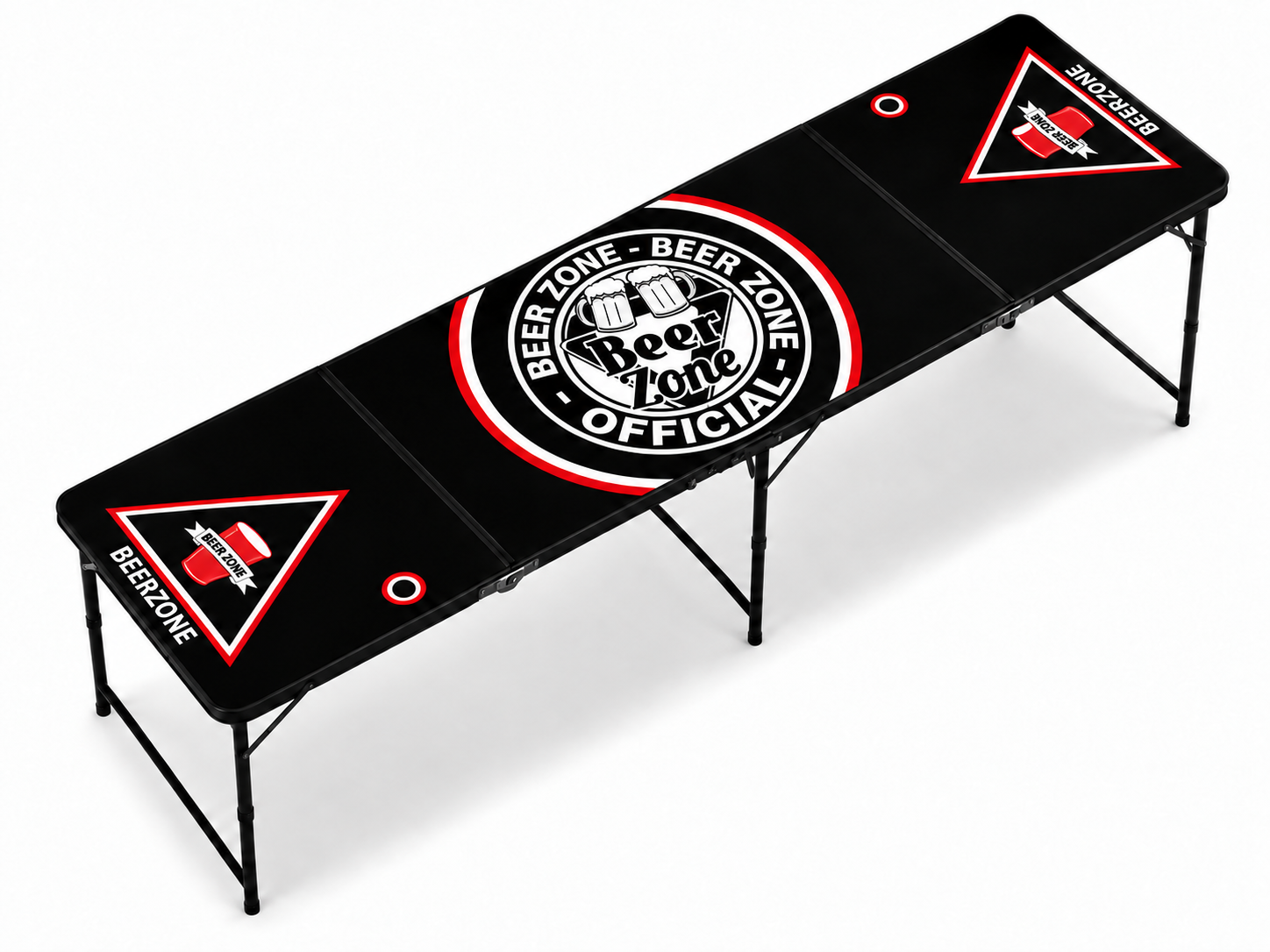 Foldable black Beer Zone beer-pong table with red and white details and a monochrome official badge