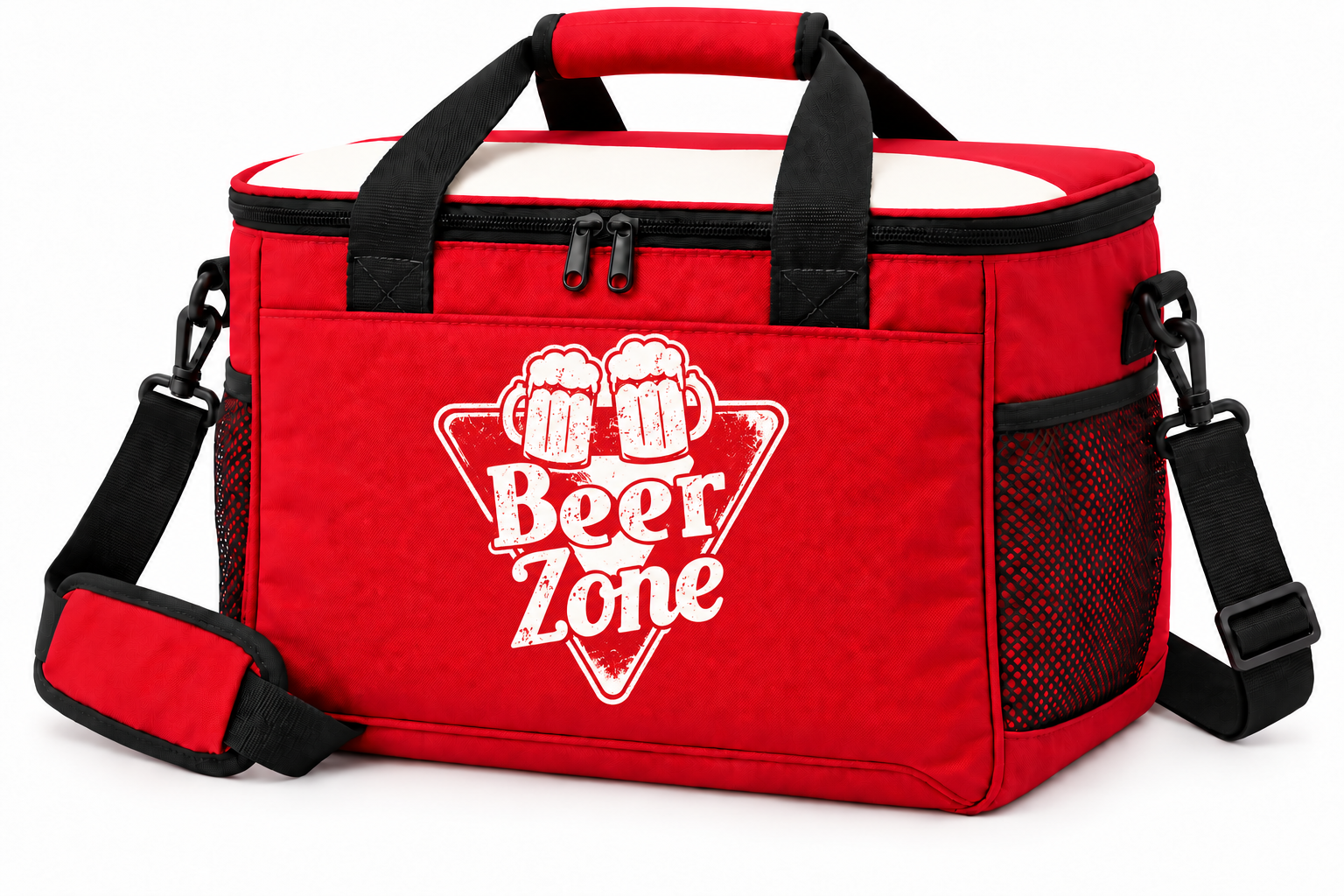 Red Beer Zone insulated cooler bag with white triangular logo and shoulder strap