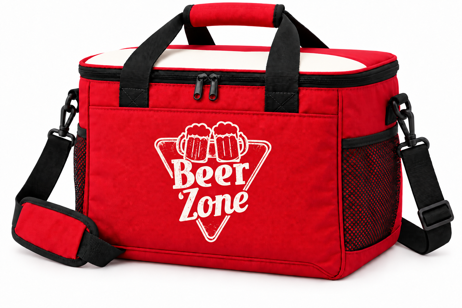 Red Beer Zone insulated cooler bag with white triangular logo and shoulder strap