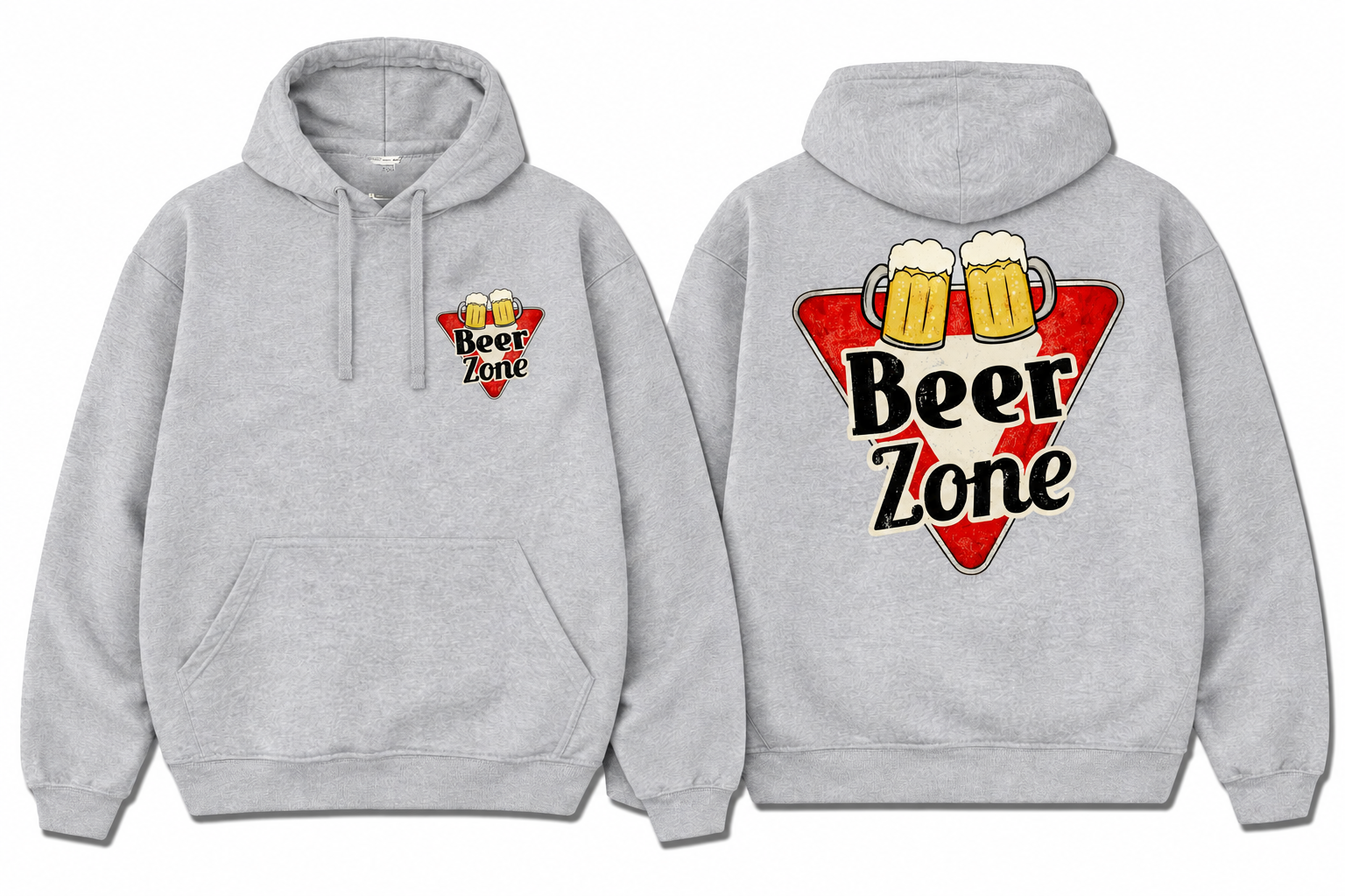 Grey Beer Zone hoodie, front and back