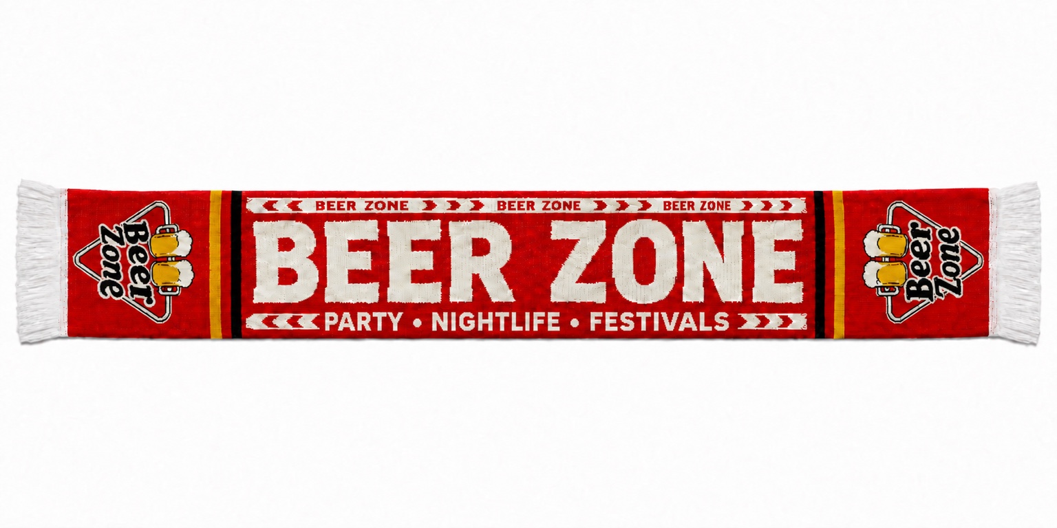 Red Beer Zone scarf with Beer Zone motifs and Party, Nightlife, Festivals lettering