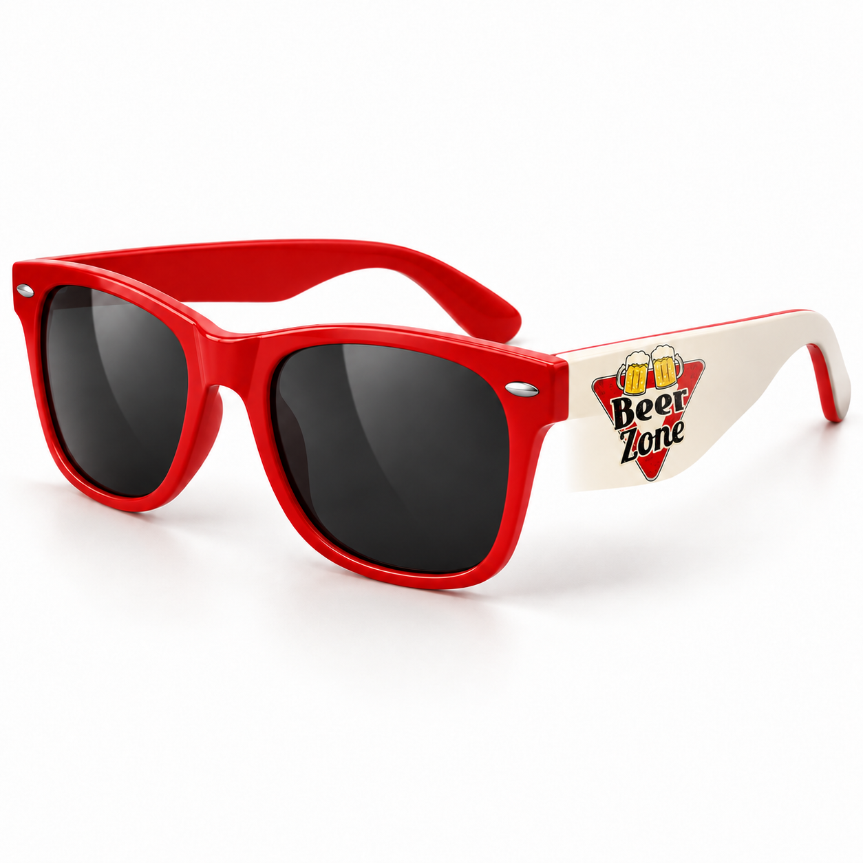 Red and cream Beer Zone sunglasses with dark lenses and side logo