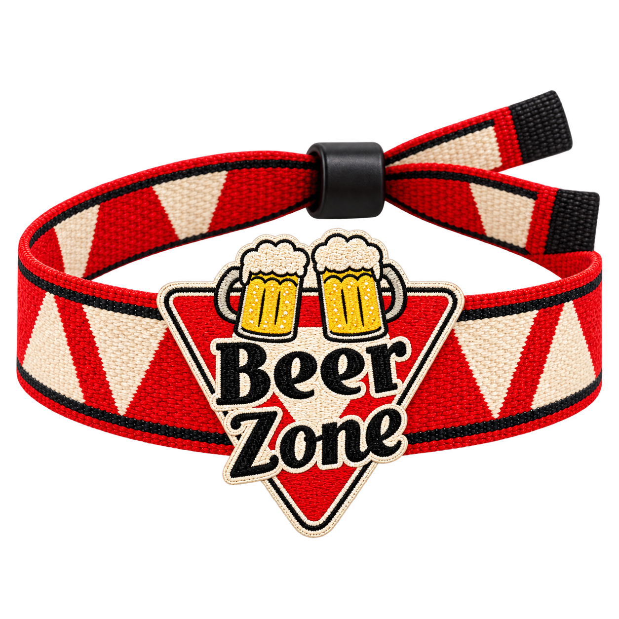 Red and cream woven Beer Zone festival wristband with adjustable black closure